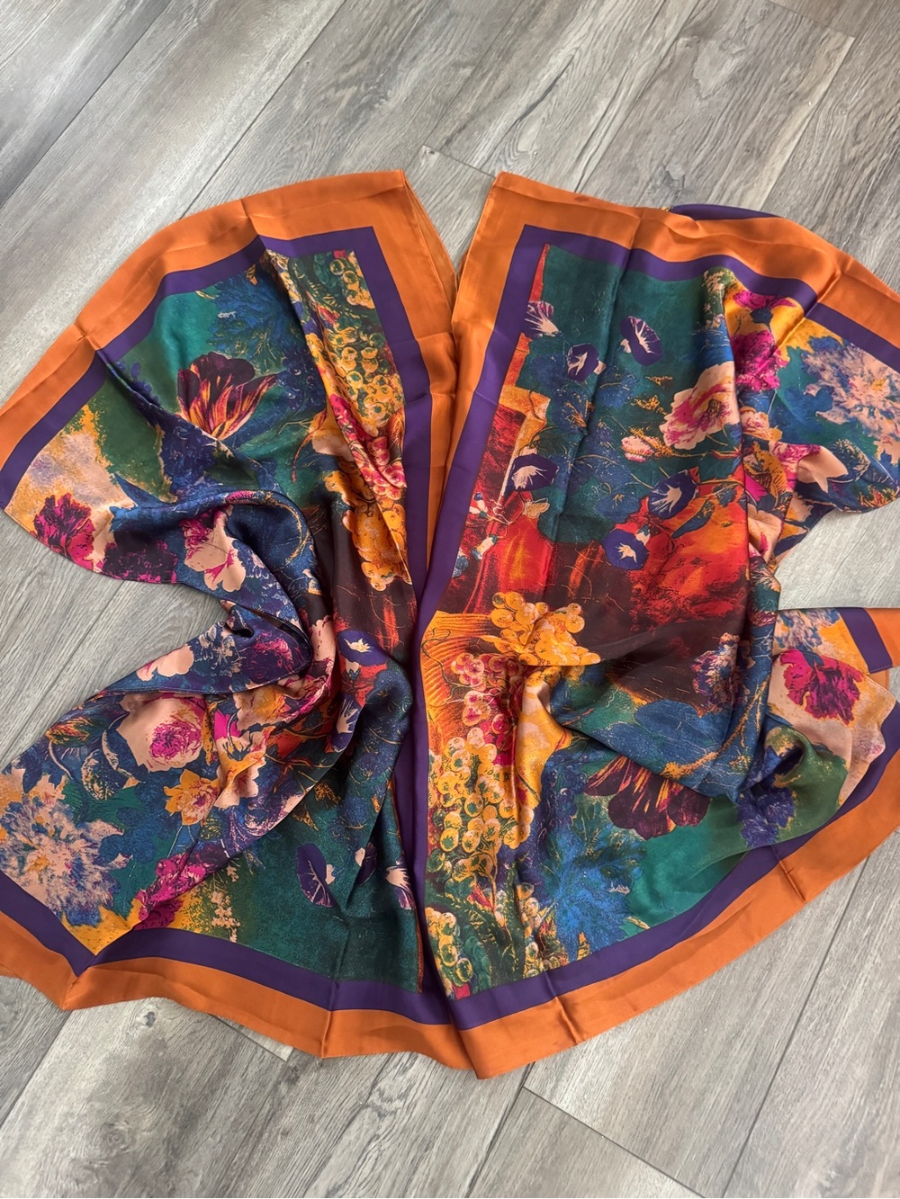 Boutique Silky Scarf Kaftan Tunic Dress Vibrant Floral Jewel Tone OSFM Boho - Picture 11 of 11